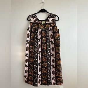 Vintage UI-MAIKAI Hawaiian Dress 1970s Brown Orange Tiki Mask Floral Cotton M/L